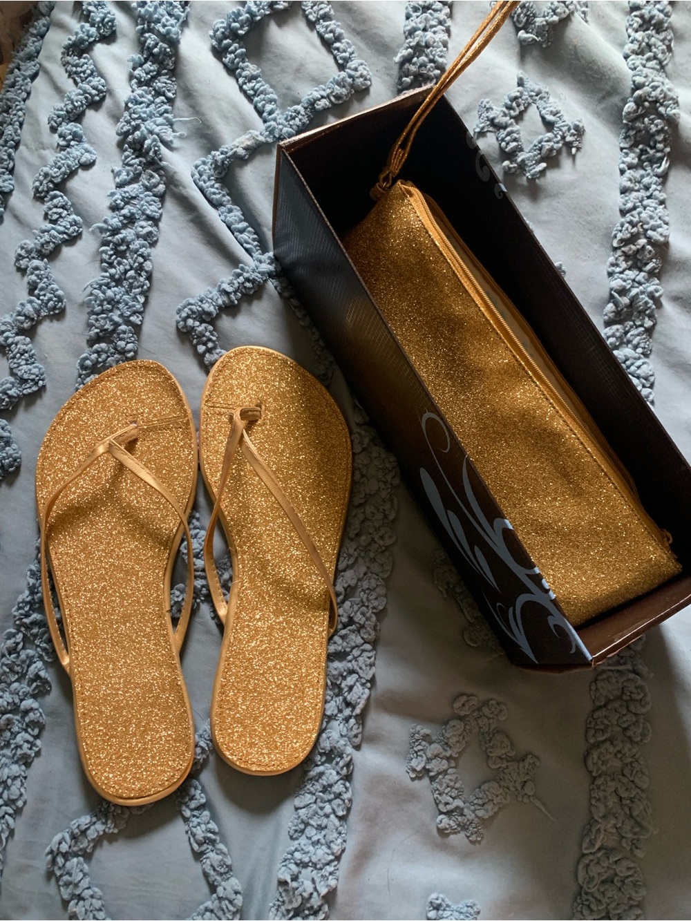 Gold Glitter Flip Flop Sandals with 2 Extra Insoles, Matching Wristlet, Foot Spa